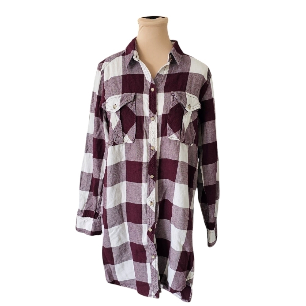 Aritzia Wilfred Free Striped Flannel Shirt in Burgundy and White Sz M